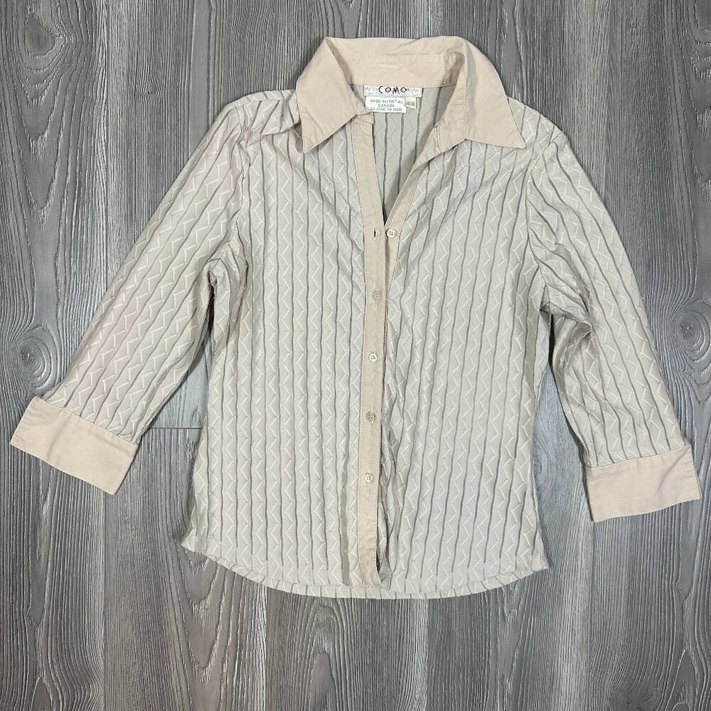 Y2K Como Tan Textured Button Down Shirt – 3/4 Sleeve Collared Top Size M